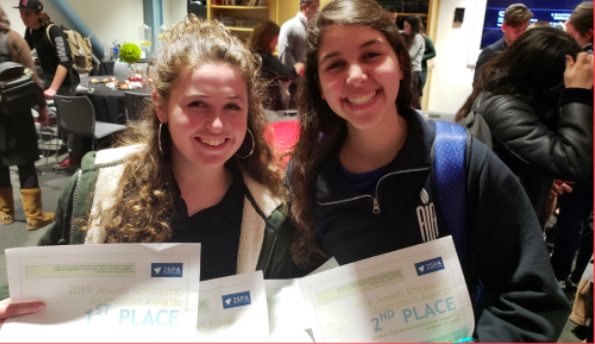 WINNERS: Eliana Goldin and Chloe Karpel of Atlanta Jewish Academy displayed their awards on Page 12 of The Palette, in a story on JSPAs 2019 annual conference in Los Angeles.