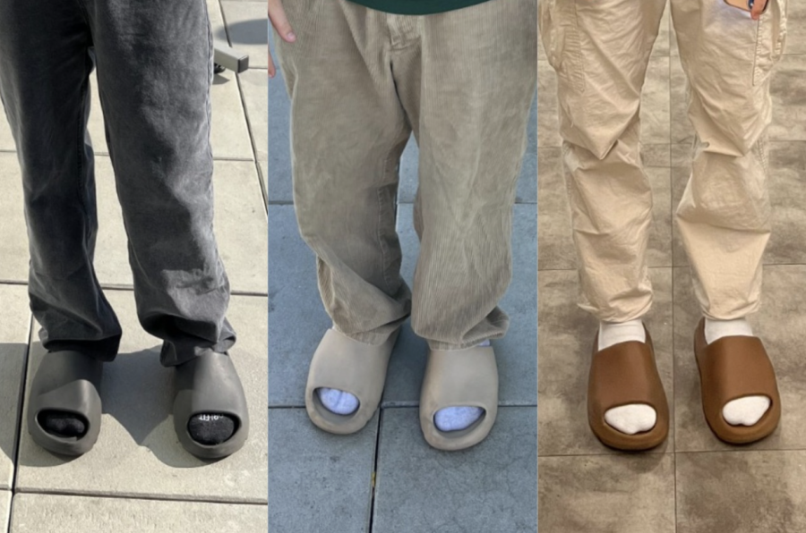 MERCH: From left to right, Kai Belhassen, Alfie Drucker and Adam Westerman wore Kanye’s Yeezy Slides at school last week. Out of 20 students surveyed who have them, 11 said they’d stopped wearing them because of the rapper’s antisemitic tweets. BP Photos by Evan Beller and Tali Liebenthal