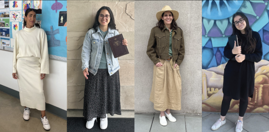 ACTUAL: From left, Shalhevet Judaic Studies staff Natalie Ravanshenas, Mrs. Tova Goldman, Dr. Sheila Keiter and Ms. Mika Shalom wearing what they wore to work that day. Vogue Magazine’s photo, at left below, showed Jennifer Lopez and three models in similar garb.