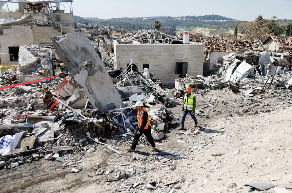 Debris lies at the site of a fatal Iranian missile strike in Beit Shemesh, Israel, March 2.